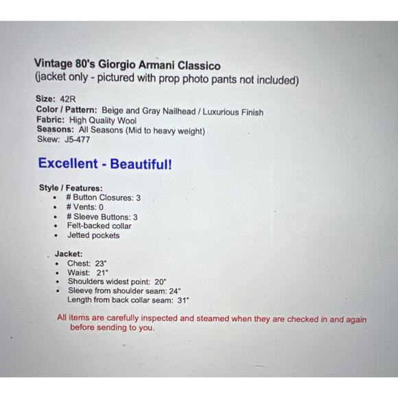 Vintage 80's Giorgio Armani Classico 42R Beige Gray Nailhead Sport Coat Blazer - Picture 10 of 15